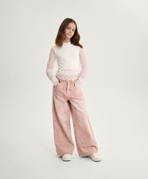 Gulliver Girls’ Pink Wide-Leg Straight Jeans with Distressed Effect for Girl Junior-Rhapsody