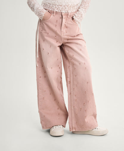 Gulliver Girls’ Pink Wide-Leg Straight Jeans with Distressed Effect for Girl Junior-Rhapsody