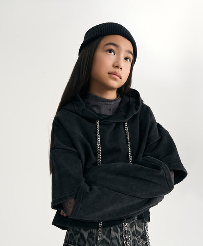 Gulliver Black Cropped Hoodie with Sleeve Slits for Girl Junior-Metallic