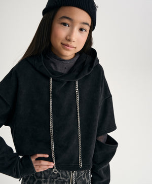 Gulliver Black Cropped Hoodie with Sleeve Slits for Girl Junior-Metallic