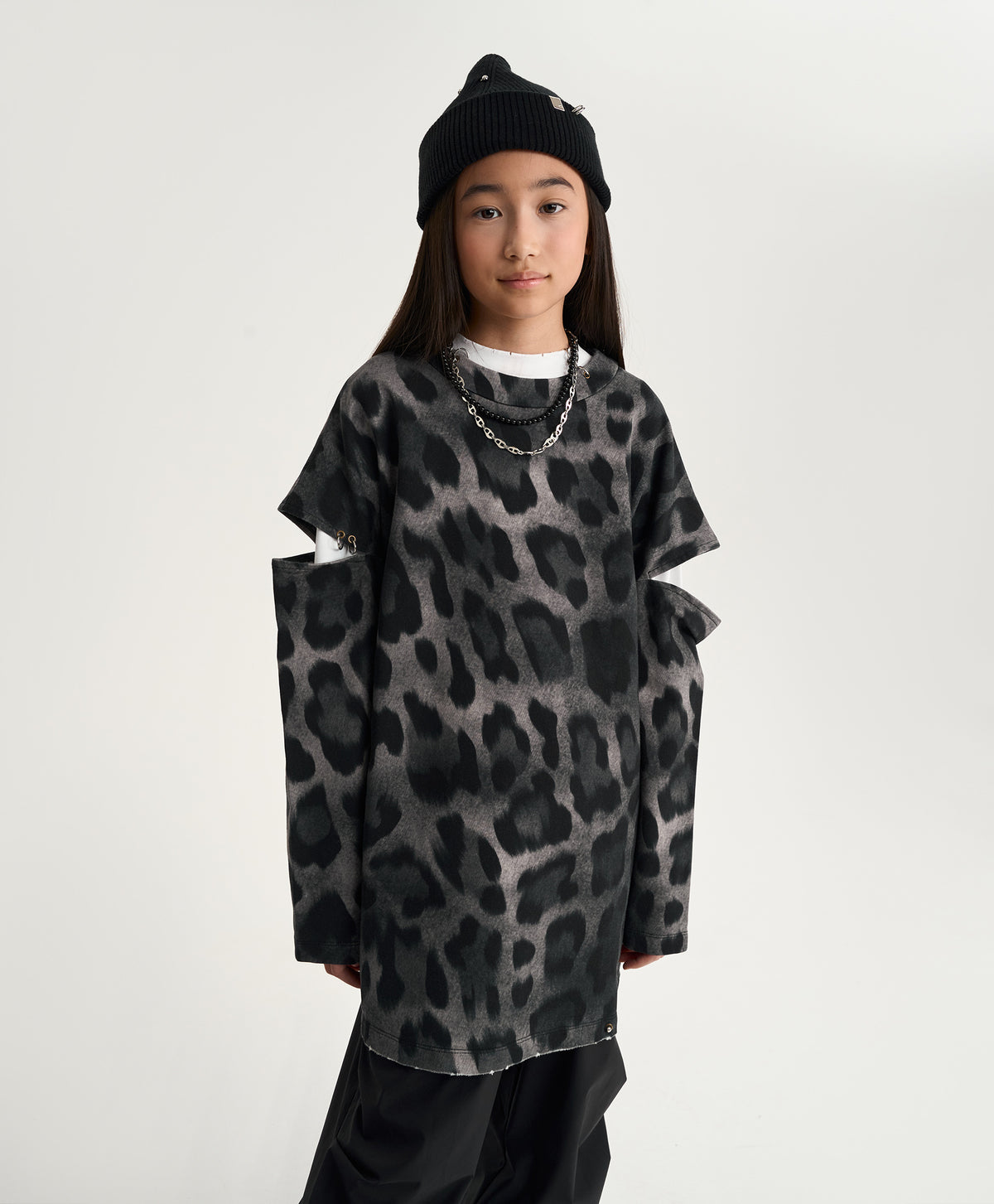 Gulliver Gray Leopard Print Dress with Sleeve Slits for Girl Junior-Metallic