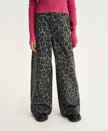 Gulliver Gray Leopard Print Palazzo Jeans with Detachable Chains for Girl Junior-Metallic