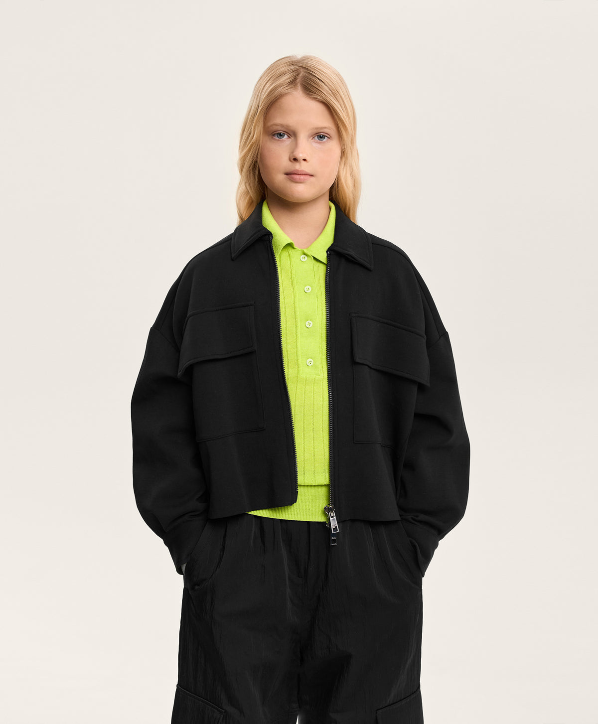 Gulliver Black Cropped Interlock Zip-Up Bomber Jacket for Girl Junior- Imba