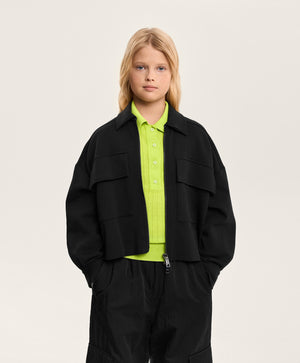 Gulliver Black Cropped Interlock Zip-Up Bomber Jacket for Girl Junior- Imba
