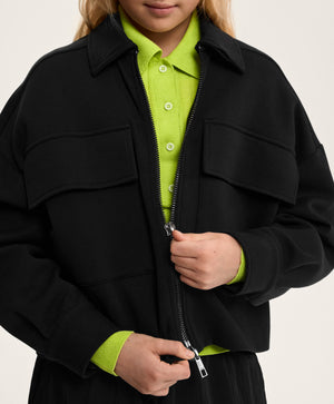 Gulliver Black Cropped Interlock Zip-Up Bomber Jacket for Girl Junior- Imba