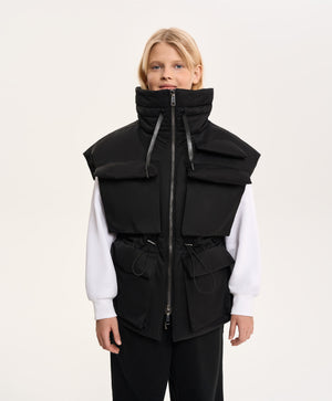 Gulliver Black Insulated Raincoat Vest with Cargo Pockets for Girl Junior- Imba