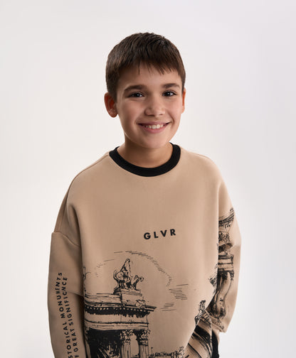 Gulliver Beige Fleece-Back Sweatshirt with Print and Embossed Detail for Boy Junior- Uffizi