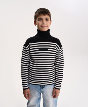 Gulliver Black and White Striped Knitted Turtleneck for Boy Junior- Uffizi