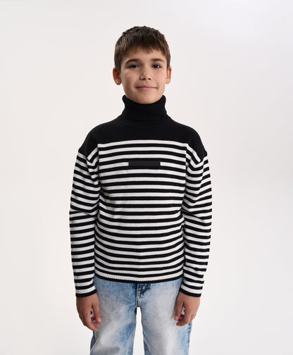 Gulliver Black and White Striped Knitted Turtleneck for Boy Junior- Uffizi