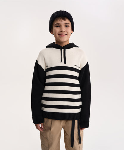 Gulliver Black and White Striped Knitted Hoodies for Boy Junior- Uffuzi