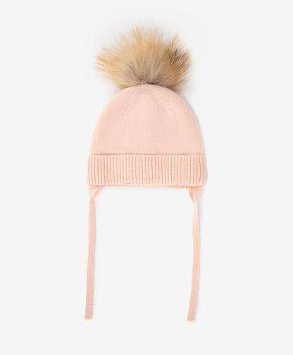 Gulliver Pink Knitted Beanie with Jersey Lining and Fur Pom-Pom for Baby Girl- Bunny