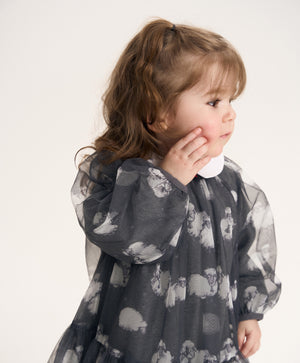Gulliver Gray Knitted Dress with Patterned Mesh Overlay for Baby Girl- Melange