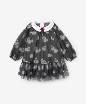 Gulliver Gray Knitted Dress with Patterned Mesh Overlay for Baby Girl- Melange