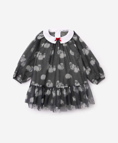 Gulliver Gray Knitted Dress with Patterned Mesh Overlay for Baby Girl- Melange