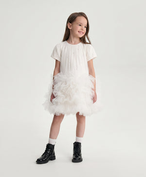 Gulliver White Tencel and Mesh Dress with Ruffles for Girl Mini- Party Art Deco