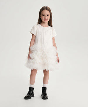 Gulliver White Tencel and Mesh Dress with Ruffles for Girl Mini- Party Art Deco