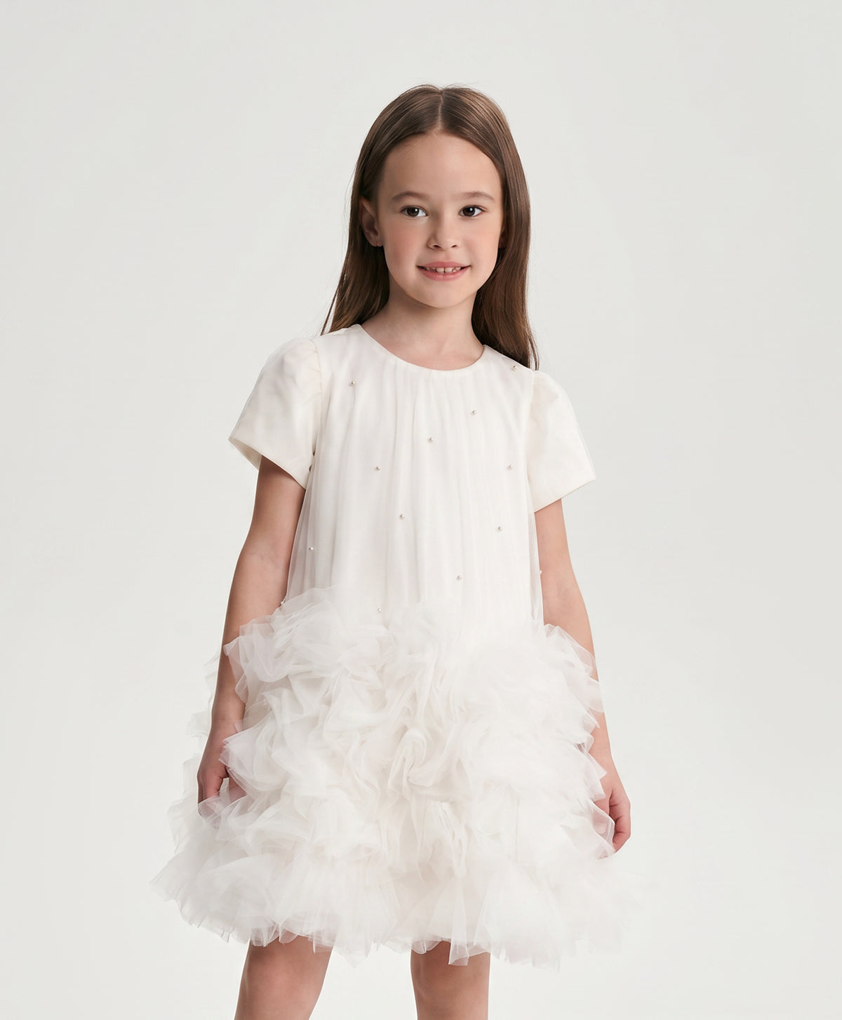 Gulliver White Tencel and Mesh Dress with Ruffles for Girl Mini- Party Art Deco