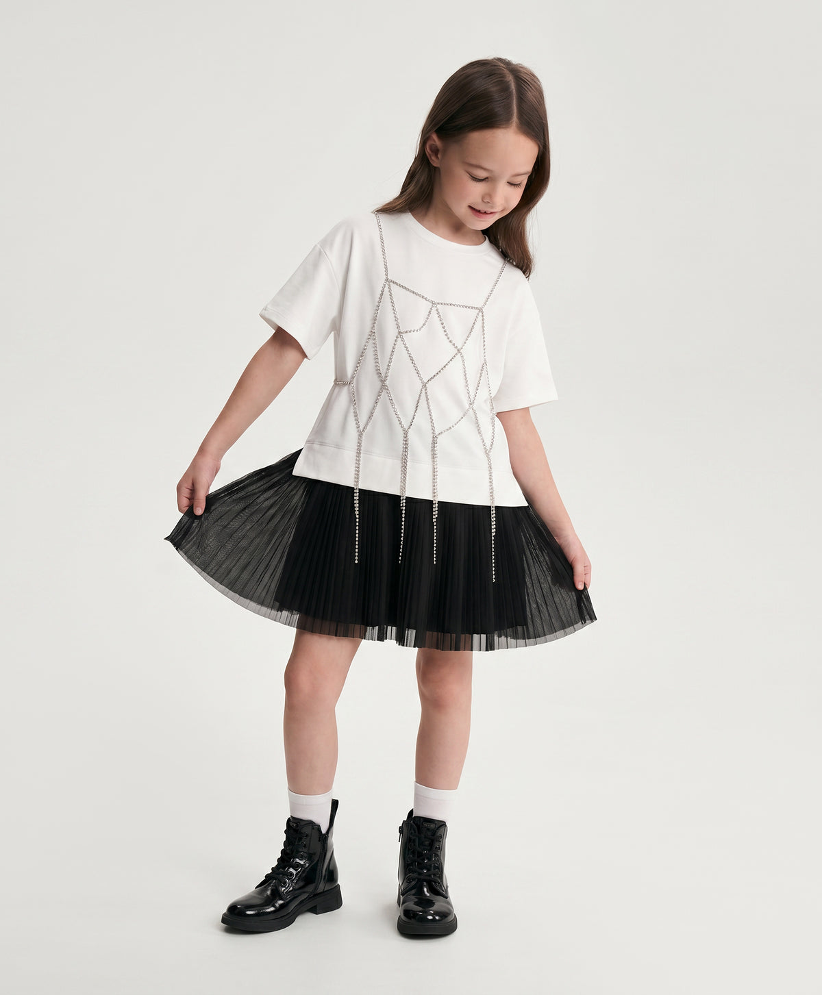 Gulliver White Layered-Effect Dress with Rhinestone Mesh for Girl Mini- Party Art Deco
