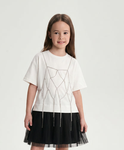 Gulliver White Layered-Effect Dress with Rhinestone Mesh for Girl Mini- Party Art Deco