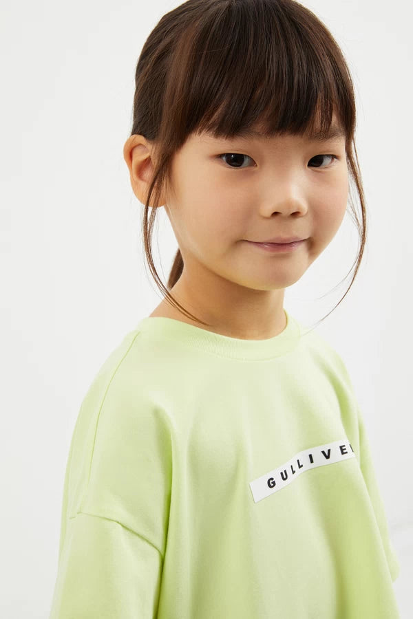Gulliver Oversized Asymmetrical Lime Green Short Sleeve T-Shirt for Girl Mini-Ecuador