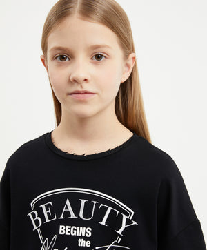 Gulliver Black Oversized Mercerized Interlock T-shirt for Girl Junior-Arboretum