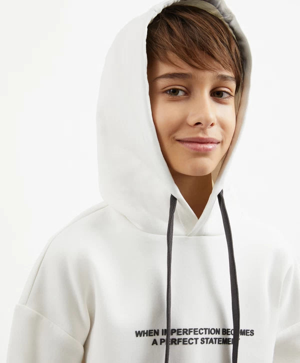 Gulliver Milky White Hoodie with Asymmetric Print for Boy Junior-Decoupage