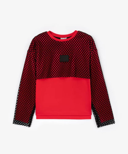 Gulliver Red Knit Long Sleeve Top with Mesh for Girls