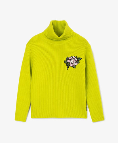 Gulliver Girls' Yellow Knitted Turtleneck with Flower Appliqu