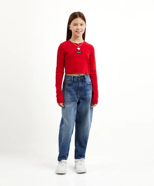 Gulliver Red Cropped Rib Long Sleeve T-shirts for GIrl Junior-Hot Heart