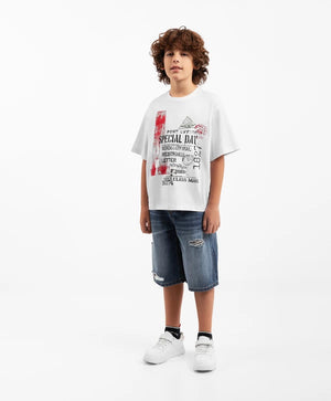 Gulliver White Short Sleeve T Shirt with Original Print for Boy Junior-Transit
