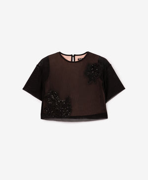 Gulliver Girls Pink Cropped Blouse with Black Mesh and Sequins Mini-Rose Quartz