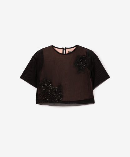 Gulliver Girls Pink Cropped Blouse with Black Mesh and Sequins Mini-Rose Quartz