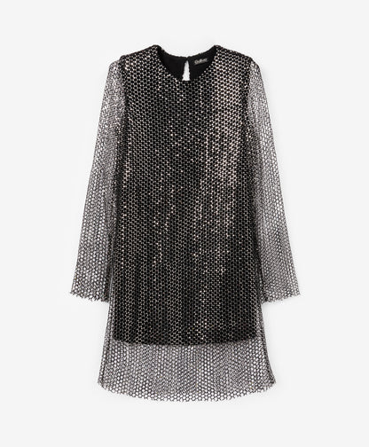 Gulliver Girls Black Long-Sleeve Knit Dress with Sequin Mesh Overlay- Rose Quartz