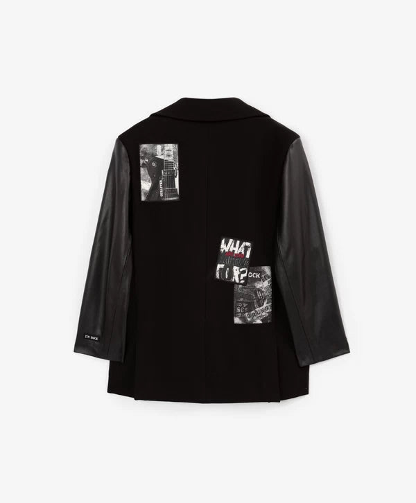 Black Blazer with Faux Leather Sleeves Rock-Inspired Elegance by