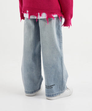 Gulliver Light Blue Wide Leg Denim Pants with Elastic Waist for Girl Mini-Smoothie