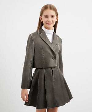 Gulliver Cropped Vintage Gray Eco-Leather Blazer for Girls
