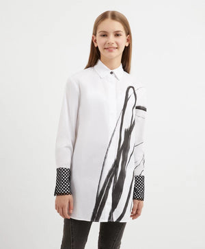 Gulliver Longline Shirt with Monoprint in White for Girls