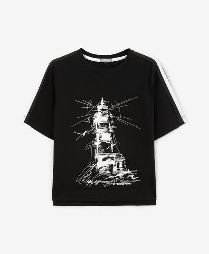 Gulliver Black Short Sleeve T-shirt with Lighthouse Print for Boy Mini-Lighthouse