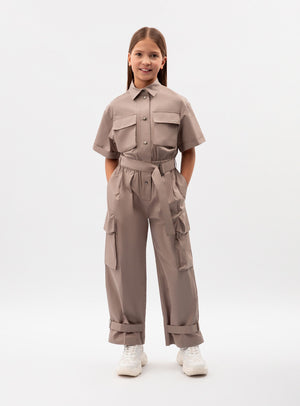 جمبسوت غوليفر براون من القماش بأكمام قصيرة للفتيات مع جيوب شحن